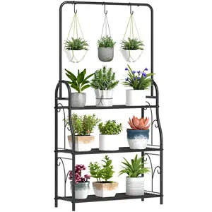 Buy 3 Tier Plant Stand with Hanging Rod and Hooks, Metal Plant Rack Shelf, Ladder Flower Pot for Indoor Outdoor Porch Balcony Living Room Bedroom, Black