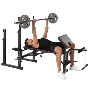 Buy Weight Bench with Two Barbell Racks, Leg Curl Machine, Preacher Curl Bench, Black
