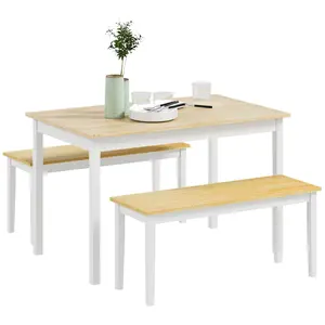 Buy Dining Table and Bench Set, Farmhouse Kitchen Table and Bench with Wooden Frame for Living Room, Dining Room, Natural and White