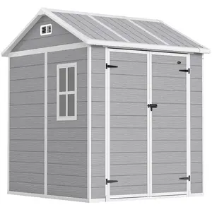Buy Outsunny 6 x 6ft Garden Shed with Floor, Window, Lockable Doors and Vents, Wood Effect Resin Tool Shed for Outdoor Patio, Grey