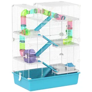 Buy 6 Tier Hamster Cage, Small Animal Cage with Tubes, Exercise Wheel, Ramps, Hut, Food Dish, Water Bottle, Light Blue