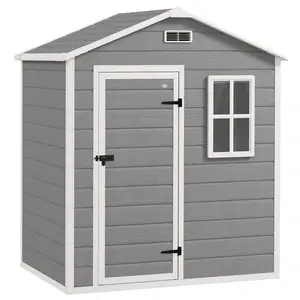 Buy Outsunny 6 x 4ft Plastic Shed with Floor, Wood Effect Resin Garden Shed with Window, Lockable Door, Lock and Keys, Vents, All Weather Resistant for Outdoor, Patio, Lawn, Grey
