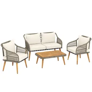 Buy Outsunny 4 Piece Rattan Garden Furniture Set with Loveseat, Armchairs, Wood Table, Wicker Patio Conversation Set, Cream White