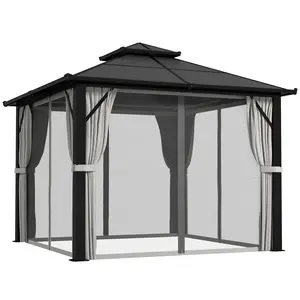 Buy Outsunny 3 x 3(m) Hardtop Gazebo Canopy with UPF30+ Double Polycarbonate Roof, Aluminium Frame Garden Gazebo Permanent Pavilion with Mosquito Netting and Curtains for Patio, Deck, Grey