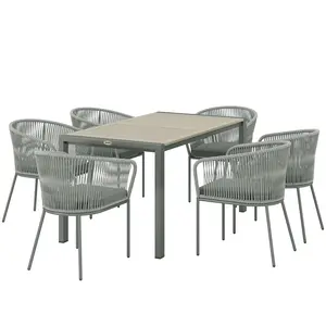 Buy Outsunny Rattan Dining Set, 6 Seater Rattan Garden Furniture Set with Acacia Wood Top Rectangle Table, 6 Chairs, Washable Seat Cushions, for Outdoor, Patio, Conservatory, Grey