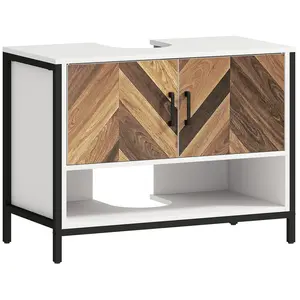 Buy Under Sink Bathroom Cabinet, Rustic Under Sink Cabinet with Herringbone Doors and Open Compartment for Basin with or without Pedestal, 80 x 40 x 60cm, Cream White