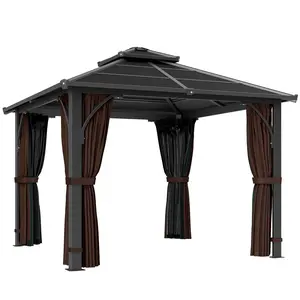 Buy Outsunny 3 x 3(m) Hardtop Gazebo Canopy with 7mm Polycarbonate Double-Tier Roof, Garden Gazebo Permanent Pavilion with Mosquito Netting and Curtains for Patio, Terrace, Brown