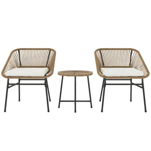 Buy 3 Pieces Rattan Bistro Set, Wicker Small Garden Table and Chairs Set with Cushions and Glass Top Coffee Table, Bistro Garden Furniture Set for Outdoor, Patio, Balcony, Natural