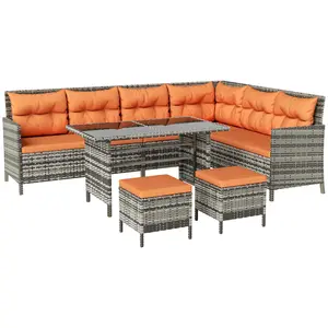 Buy Outsunny 7-Seater Patio wicker Sofa Set Rattan Chair Furniture w/ Glass & Cushioned, Orange