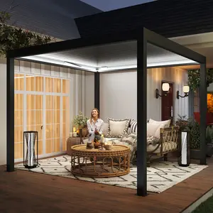 Buy Outsunny 3 x 3(m) Electric Louvered Pergola with LED Lights, Aluminium Pergola Hardtop Gazebo with Remote, Adjustable Roof and Drainage System, Water and UV Proof