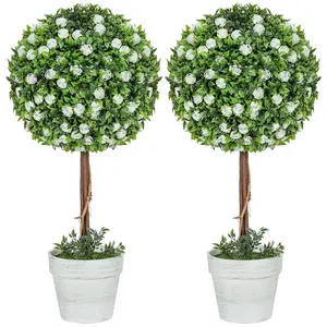 Buy Set of 2 Decorative Artificial Plants, Ball Topiary Tree with Rose Flower in Pot, Fake Plants for Home Indoor Outdoor Decor, 60cm, White