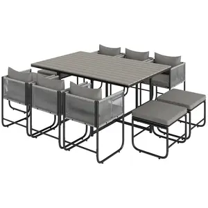 Buy 10 Seater Rattan Cube Garden Furniture Set, Rattan Dining Set with Cushions, Outdoor Dining Table and Chairs with 6 Armchairs, 4 Stools, Rectangular Wood Grain Plastic Top Table, Grey