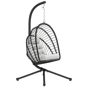 Buy Outsunny Outdoor PE Rattan Swing Chair with Foldable Basket and Cushion, Garden Patio Hanging Egg Chair with Metal Stand, Headrest for Indoor and Outdoor, Black