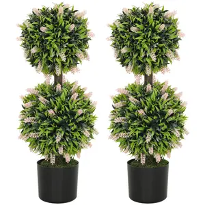 Buy Set of 2 Decorative Artificial Plants Ball Trees with Lavender Flowers in Pot Fake Plants for Home Indoor Outdoor Decor, 70cm, Pink