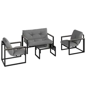 Buy Outsunny Garden Furniture Set, 4 Piece Indoor Outdoor Conservatory with Loveseat Sofa, Armchairs, Glass Top Coffee Table, Cushions for Balcony, Poolside, Patio, Dark Grey