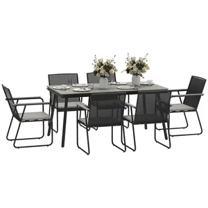 Buy Outsunny 6 Seater Garden Dining Set with Soft Cushions, Rattan Backrest, Rectangular Plastic Top, Garden Furniture Set, Outdoor Dining Table and Chairs for Patio, Balcony, Poolside, Grey