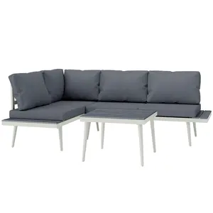 Buy 3 Piece Garden Furniture Set with 5-Level Adjustable Lounger, L Shaped Garden Corner Sofa with Cushions, Mesh Seat, Slatted Wood-Grain Table, Outdoor Furniture Set for Conservatory, Grey