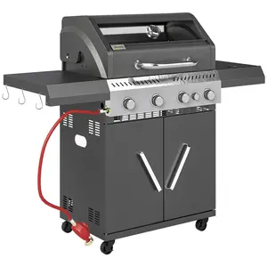 Buy 4+1 Burner Gas BBQ Grill with Clear View Lid, Portable Gas Barbecue Grill with Built-in Thermometer, Side Table, Cabinet, Wheels, Grease Tray for Garden Party Outdoor Cooking, Black