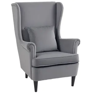 Buy Modern Accent Chair, Upholstered Wingback Armchair with High Backrest and Pillow, Velvet-Feel Fabric Reading Chair with Solid Wood Legs for Living Room, Bedroom, Home Office, Dark Grey