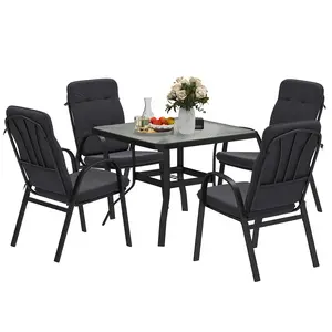 Buy Outsunny 5 Pieces Outdoor Square Garden Dining Set w/ Tempered Glass Dining Table 4 Cushioned Armchairs, Umbrella Hole, Black