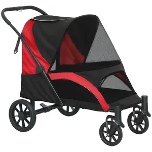 Buy Foldable Pet Stroller for Large Dogs with Four Big Wheels, Shock-Absorbing Frame, Safety Leashes, Brakes, Red/Black