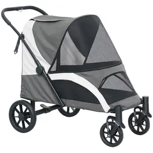 Buy PawHut Foldable Pet Stroller for Large Dogs with 4 Big Wheels, Shock-Absorbing Frame, Safety Leashes, Brakes, Dark Grey