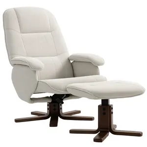 Buy Linen Swivel Recliner Chair with Footstool, Upholstered Reclining Armchair with Wooden Base for Living Room, Beige