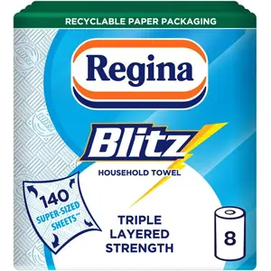 Buy Regina Blitz, 8 Rolls of Household Towel, 3-Ply | 70 Sheets Per Roll, Recyclable-Paper Packaging, FSC Certified Paper, 60% Larger Than Standard Kitchen Roll Sheets