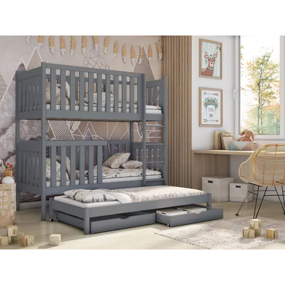 Buy Wooden Bunk Bed Emily with Trundle and Storage, Colour: Grey Matt, Mattresses: Foam/Bonnell Mattresses