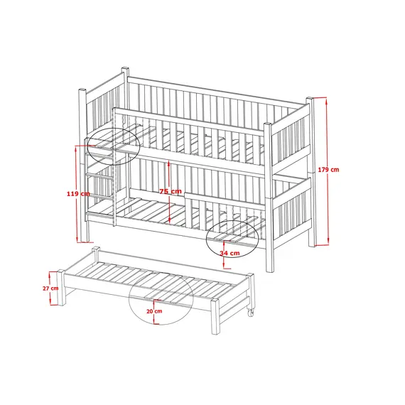 Buy Wooden Bunk Bed Emily with Trundle and Storage, Colour: Grey Matt, Mattresses: Foam/Bonnell Mattresses, 3 image