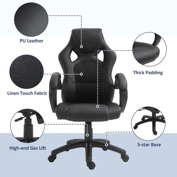 Buy HOMCOM High-Back Gaming Chair Swivel Home Office Computer Racing Gamer Desk Chair Faux Leather with Wheels, Black, 6 image