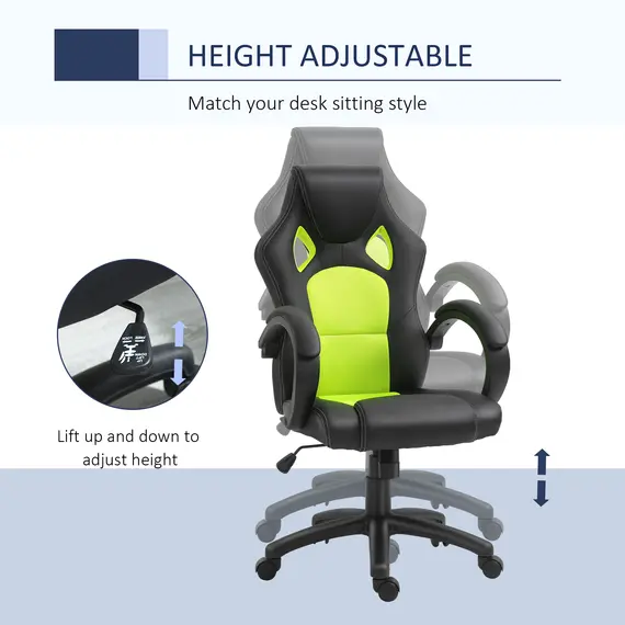 Buy HOMCOM High-Back Gaming Chair Swivel Home Office Computer Racing Gamer Desk Chair Faux Leather with Wheels, Black Green, 4 image