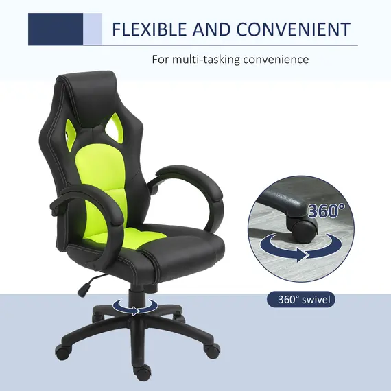 Buy HOMCOM High-Back Gaming Chair Swivel Home Office Computer Racing Gamer Desk Chair Faux Leather with Wheels, Black Green, 6 image