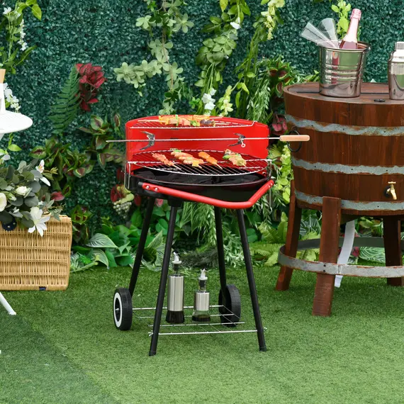 Buy New Outdoor BBQ Garden Charcoal Barbecue Cooking Grill Trolley with Wheel - Red