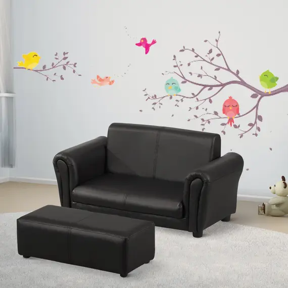 Buy HOMCOM 2 Seater Toddler Chair Kids Twin Sofa Childrens Double Seat Chair Furniture Armchair Boys Girls Couch w/ Footstool (Black)