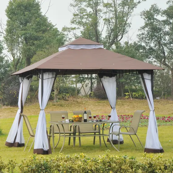 Buy Outsunny 3 x 3 meter Patio Metal Gazebo Square Outdoor Party Wedding Canopy Shelter w/Mesh - Brown