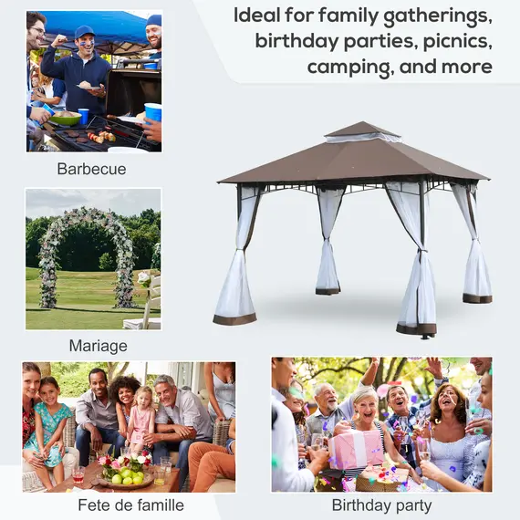 Buy Outsunny 3 x 3 meter Patio Metal Gazebo Square Outdoor Party Wedding Canopy Shelter w/Mesh - Brown, 6 image