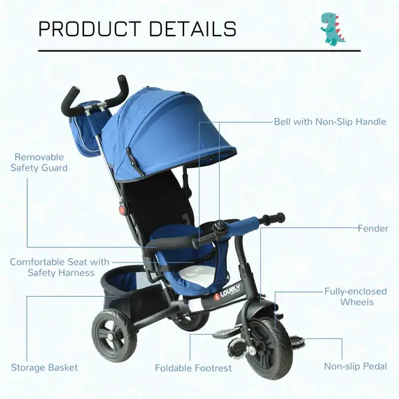 Buy HOMCOM Baby Ride on Tricycle W/Canopy-Blue, 6 image
