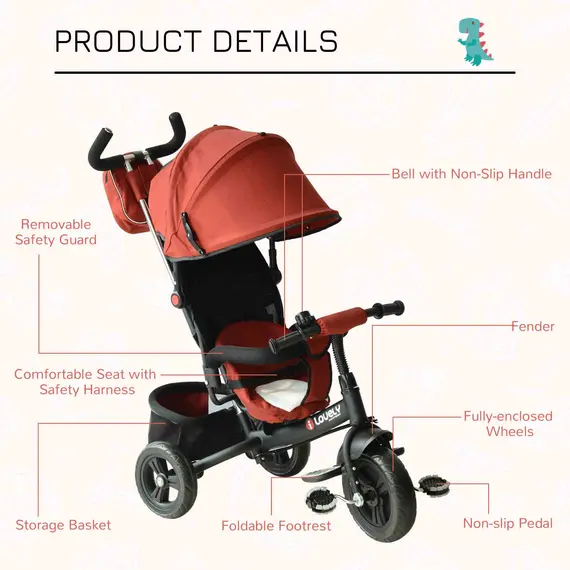 Buy HOMCOM Baby Ride on Tricycle W/Canopy-Red, 6 image