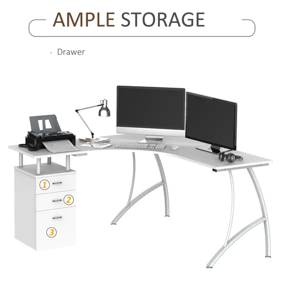 Buy HOMCOM Corner Computer Desk Home Office L-Shaped  Study PC Table Furniture Writing Workstation (White), 3 image