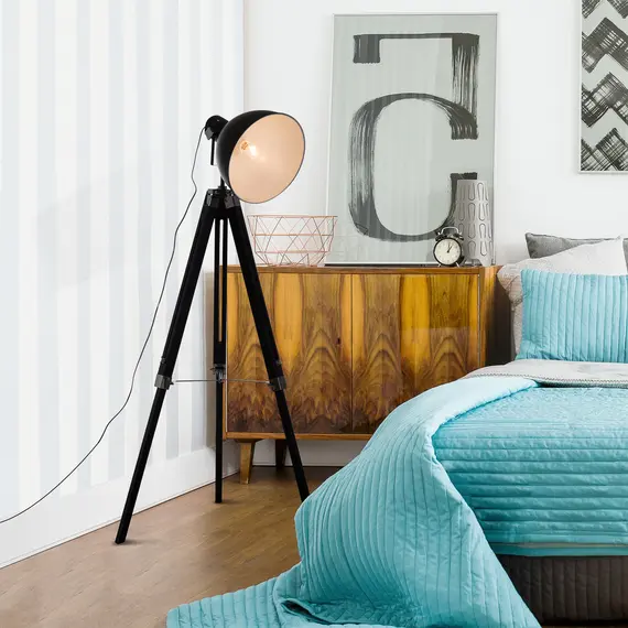 Buy Industrial Floor Lamp for Living Room Tripod Spotlight Reading Lamp w/Wood Legs Metal Shade Adjustable Height Angle Black and White
