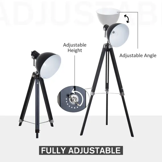 Buy Industrial Floor Lamp for Living Room Tripod Spotlight Reading Lamp w/Wood Legs Metal Shade Adjustable Height Angle Black and White, 4 image