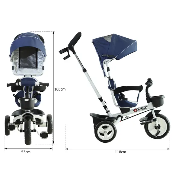 Buy HOMCOM 4-in-1 Kids Tricycle Stroller W/ Canopy-Blue, 2 image