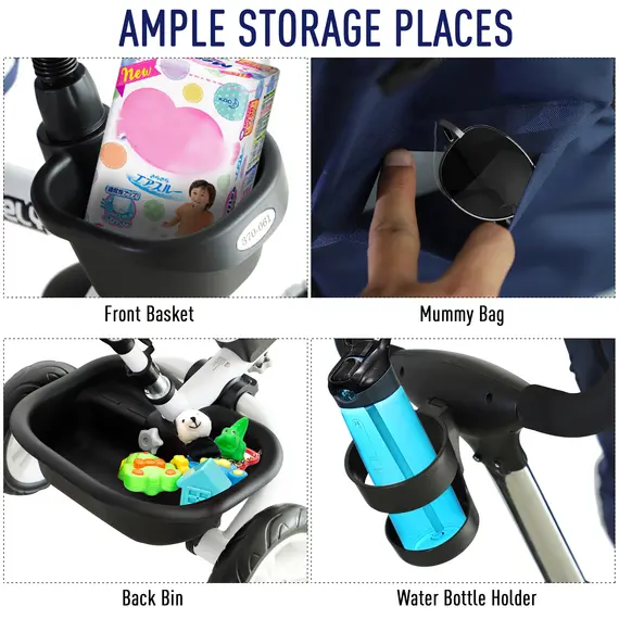 Buy HOMCOM 4-in-1 Kids Tricycle Stroller W/ Canopy-Blue, 8 image