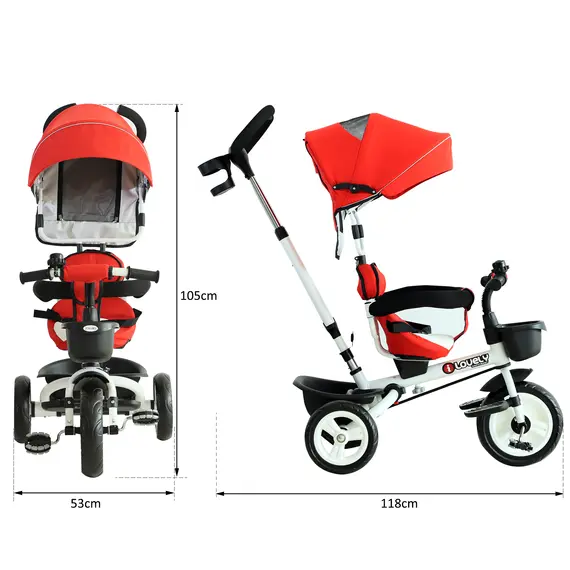 Buy HOMCOM 4-in-1 Kids Tricycle Stroller W/ Canopy-Red, 2 image