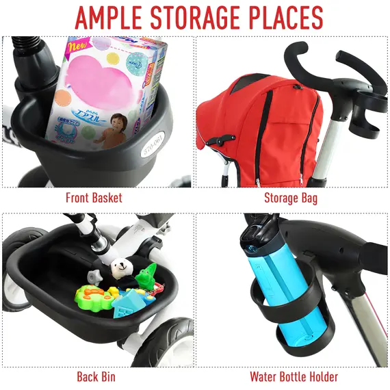 Buy HOMCOM 4-in-1 Kids Tricycle Stroller W/ Canopy-Red, 6 image