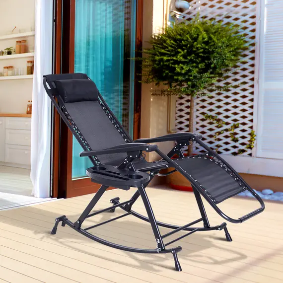 Buy Outsunny Garden Rocking Chair Folding Recliner Outdoor Adjustable Sun Lounger Rocker Zero-Gravity Seat with Headrest Side Holder Patio Deck - Black