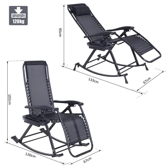 Buy Outsunny Garden Rocking Chair Folding Recliner Outdoor Adjustable Sun Lounger Rocker Zero-Gravity Seat with Headrest Side Holder Patio Deck - Black, 2 image