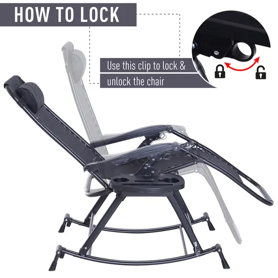 Buy Outsunny Garden Rocking Chair Folding Recliner Outdoor Adjustable Sun Lounger Rocker Zero-Gravity Seat with Headrest Side Holder Patio Deck - Black, 4 image