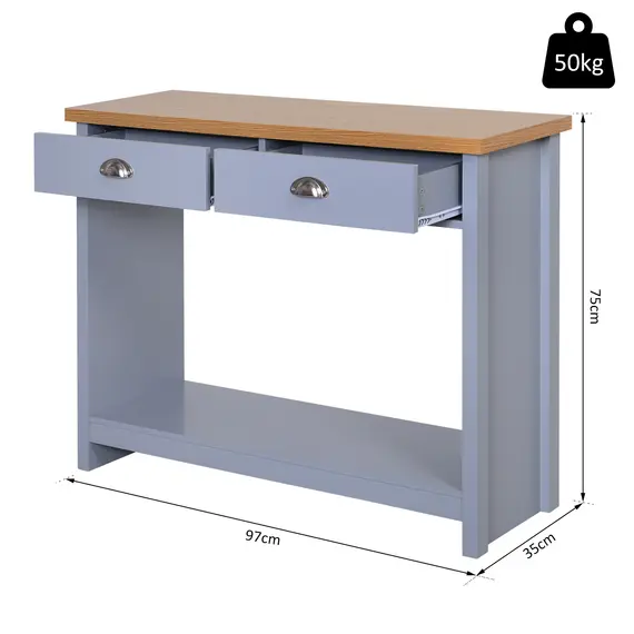 Buy 2 Drawers Console Table w/Bottom Shelf Rustic Retro Style Hallway Living Room Home Furniture Wood Effect Worktop Grey, 2 image